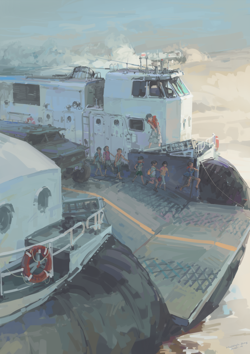 6+boys 6+girls bag beach child chinese_commentary commentary hallelujah_zeng hovercraft impasto ladder landing_craft lifebuoy military_vehicle motor_vehicle multiple_boys multiple_girls ocean original people&#039;s_liberation_army people&#039;s_liberation_army_navy railing ramp school_bag swim_ring type_726_lcac walking watercraft