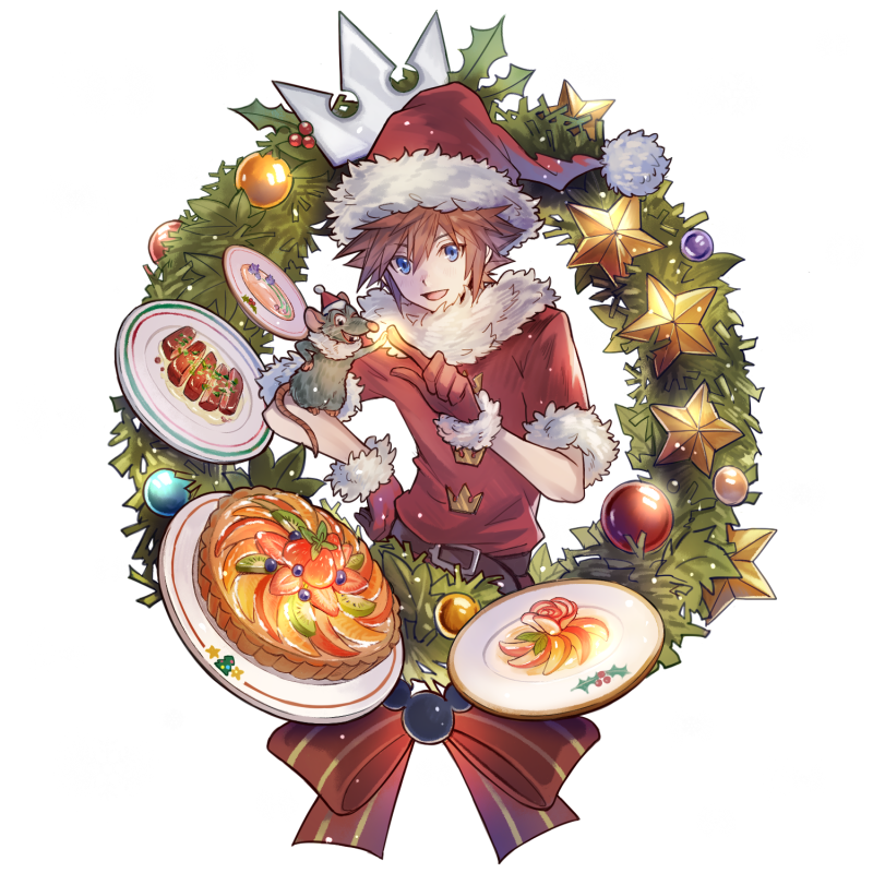 1boy blonde_hair blue_eyes christmas food fur-trimmed_gloves fur-trimmed_headwear fur-trimmed_jacket fur_trim gloves hair_between_eyes hand_on_own_hip hat jacket kingdom_hearts mouse_(animal) open_mouth plate ratatouille red_gloves red_headwear red_jacket remy_(ratatouille) santa_costume santa_hat short_hair short_sleeves smile snowflakes sora_(kingdom_hearts) spiked_hair upper_body wreath yurichi_(artist)