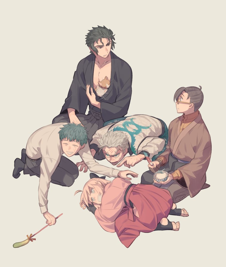 1girl 4boys ahoge black_hair black_hakama black_kimono black_pants blue_eyes blue_hair blue_pants bow bowl brown_hair brown_kimono brown_pants brown_shirt cat cat_teaser ciao_churu closed_eyes facial_scar fate/grand_order fate_(series) glasses gloves grey_hakama hair_bow hair_pulled_back hair_slicked_back hakama hijikata_toshizou_(fate) holding holding_bowl indian_style japanese_clothes kimono koha-ace long_sleeves multiple_boys nagakura_shinpachi_(fate) okita_souji_(fate) okita_souji_(koha-ace) ooba pants partially_fingerless_gloves pet_food pink_hair pointing red_hakama saitou_hajime_(fate) scar scar_on_cheek scar_on_face seiza shirt short_hair sidelocks simple_background sitting smile toeless_legwear white_hair white_shirt yamanami_keisuke_(fate) yellow_eyes
