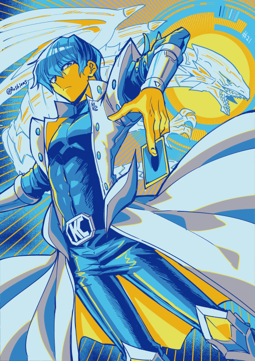 1boy belt blue-eyes_white_dragon closed_mouth coat duel_monster feet_out_of_frame fingernails fushitasu kaiba_seto limited_palette long_sleeves looking_at_viewer male_focus pectorals short_hair solo twitter_username yu-gi-oh! yu-gi-oh!_duel_monsters