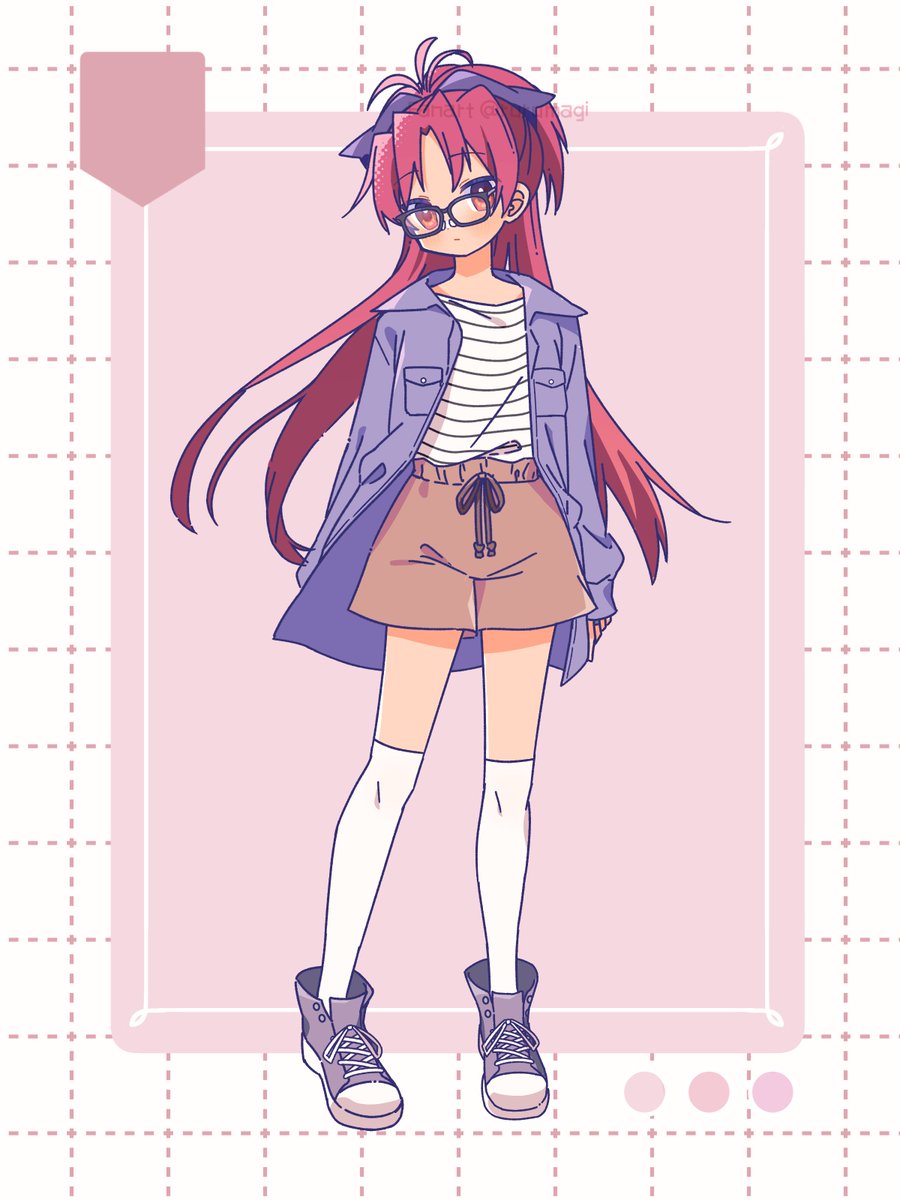 1girl brown_shorts coat female_focus full_body grid_background highres kneehighs long_hair looking_at_viewer mahou_shoujo_madoka_magica purple_coat red_eyes red_hair ruru_(rurumagi) sakura_kyoko shirt shorts socks solo white_shirt white_socks