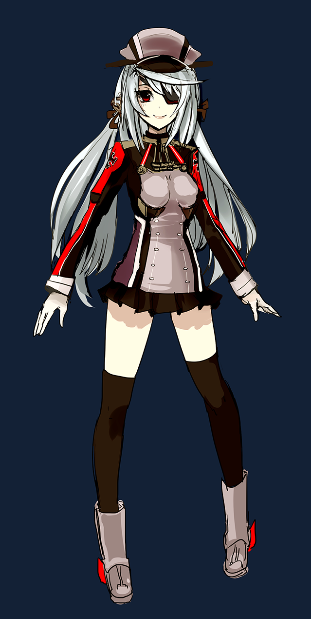 1girl cosplay drawfag eyepatch female_focus gloves hat highres infinite_stratos kantai_collection laura_bodewig long_hair military military_uniform non-web_source peaked_cap prinz_eugen_(kancolle) prinz_eugen_(kancolle)_(cosplay) red_eyes silver_hair solo thighhighs trait_connection twintails