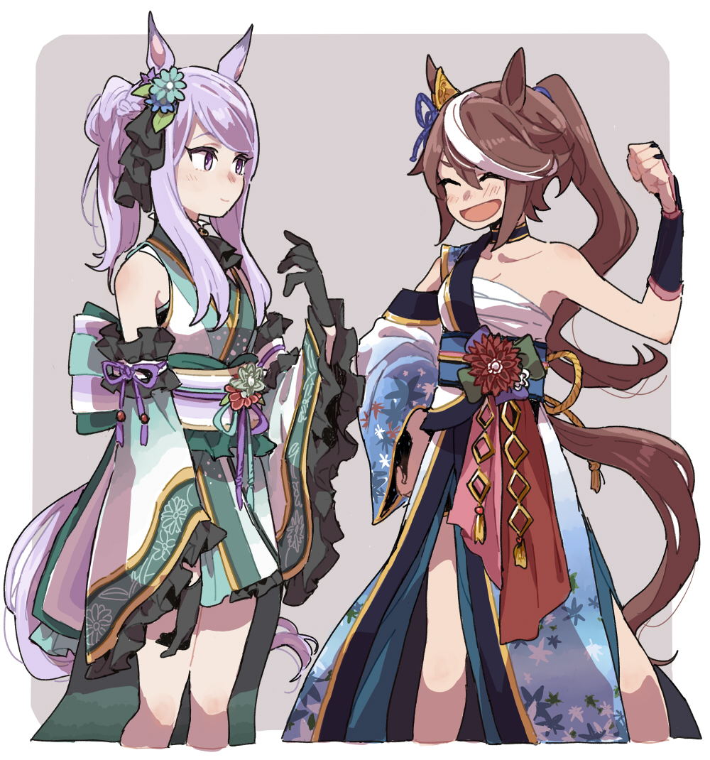 2girls ^_^ adapted_costume alternate_costume animal_ears black_gloves blush border clenched_hand closed_eyes commentary_request cosplay detached_sleeves feet flower gloves gold_city_(akizakura_danzatrice)_(umamusume) gold_city_(umamusume) hair_flower hair_ornament hand_on_own_hip hand_up horse_ears horse_girl horse_tail japanese_clothes kimono long_hair looking_at_another mejiro_mcqueen_(umamusume) multicolored_hair multiple_girls obi open_mouth outside_border pink_hair ponytail ree_(re-19) sarashi sash single_bare_shoulder smile streaked_hair symboli_rudolf_(archer_of_the_white_moon)_(umamusume) symboli_rudolf_(umamusume) symboli_rudolf_(umamusume)_(cosplay) tail tokai_teio_(umamusume) umamusume vambraces white_border