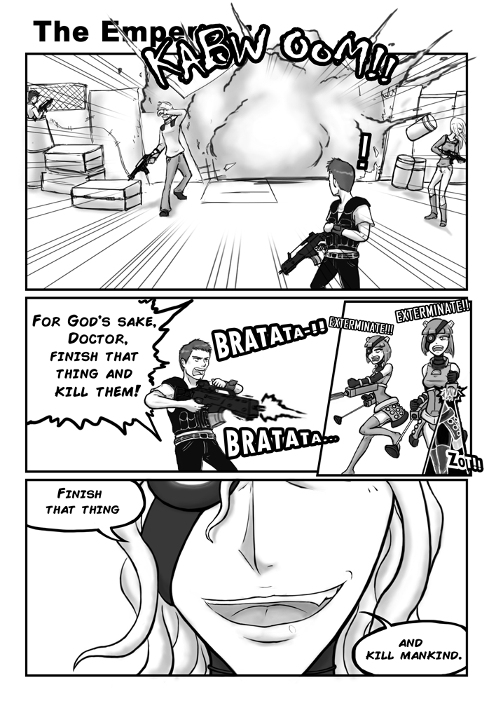 comic dalek dalek_emperor doctor_who eyepatch gun jack_harkness monochrome multiple_boys multiple_girls personification rifle short_hair teeth weapon