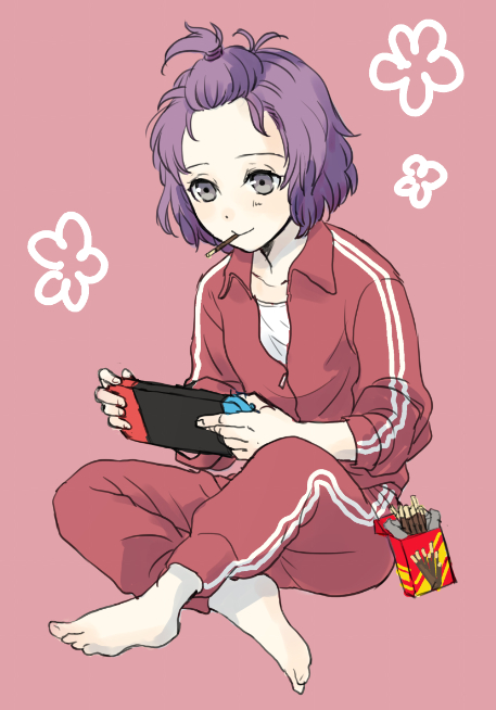1girl alternate_costume barefoot bernadetta_von_varley closed_mouth commentary_request contemporary fire_emblem fire_emblem:_three_houses fire_emblem_warriors:_three_hopes food grey_eyes handheld_game_console jacket nintendo nintendo_switch official_alternate_hairstyle pocky red_background red_track_jacket simple_background sitting smile solo toes track_jacket usachu_now