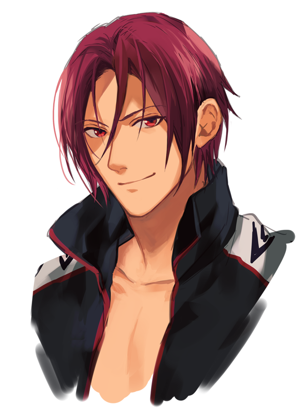 1boy black_jacket closed_mouth collarbone free! jacket looking_at_viewer male_focus matsuoka_rin okii_(oh_ki_ik) open_clothes open_jacket portrait purple_hair red_eyes simple_background solo toned toned_male white_background