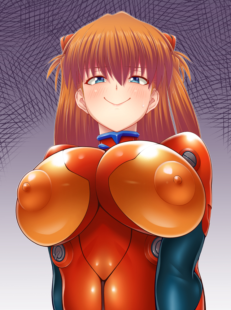 1girl :&gt; alternate_breast_size blue_eyes bodysuit breasts covered_erect_nipples huge_breasts impossible_clothes long_hair looking_at_viewer mecha_pilot_suit naughty_face neon_genesis_evangelion orange_hair pixiv1478062 plugsuit_(evangelion) puffy_nipples red_bodysuit shiny_clothes skin_tight smile smug solo souryuu_asuka_langley