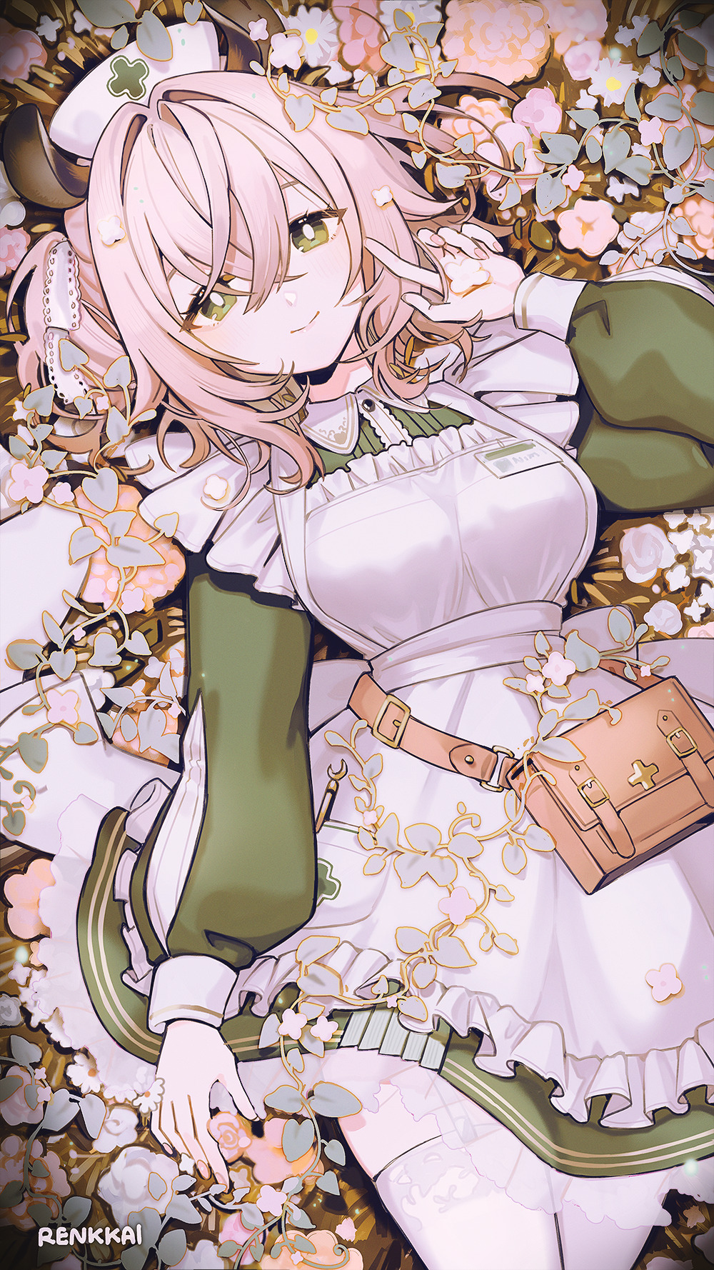 1girl animal_ears apron artist_name belt_buckle breasts brown_hair buckle closed_mouth collared_dress commentary cowboy_shot crossed_bangs dress flower frilled_apron frilled_dress frills green_dress green_eyes hair_between_eyes hair_ribbon hand_up hat highres indie_virtual_youtuber long_sleeves looking_at_viewer lying medium_breasts medium_hair nail_polish name_tag nimi_nightmare nurse_cap on_back one_side_up pink_flower pink_nails puffy_long_sleeves puffy_sleeves renkkai ribbon sleeve_cuffs sleeve_slit smile solo symbol-only_commentary tapir_ears tapir_girl thighhighs virtual_youtuber waist_bag white_apron white_ribbon white_thighhighs