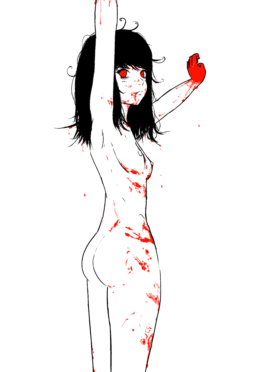 1girl ass black_hair blood blood_on_face blood_on_hands breasts highres lena_miaou niku_(lena_miaou) red_eyes small_breasts