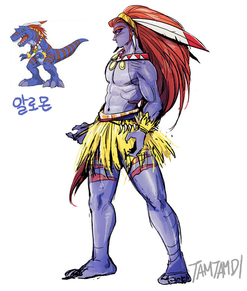 1boy allomon artist_name barefoot bodypaint colored_skin creature_and_personification digimon digimon_(creature) earrings fingernails full_body grass_skirt jewelry korean_commentary long_hair male_focus navel pectorals personification purple_skin red_hair reference_inset sharp_fingernails signature tamtamdi toenails toned toned_male topless_male veins veiny_arms white_background