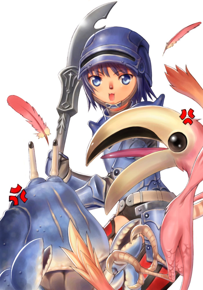 1girl :3 :d anger_vein animal_nose armor adventurer_(ff11) bird black_gloves blue_armor blue_eyes blue_hair blue_headwear blue_pupils breastplate carapace cat_girl cat_tail colibri_(final_fantasy) crab dark_blue_hair faulds feathers final_fantasy final_fantasy_xi gauntlets gloves helmet holding holding_polearm holding_weapon mithra_(ff11) open_mouth pink_feathers polearm red_thighhighs short_hair simple_background smile solo tail tail_raised taisai_soft thighhighs weapon white_background