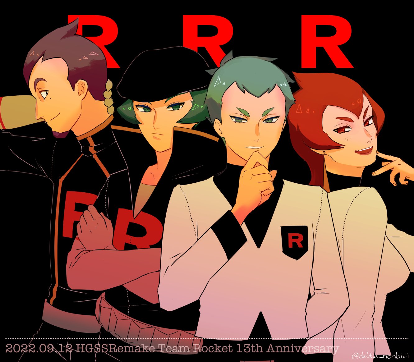 1girl 3boys anniversary archer_(pokemon) ariana_(pokemon) black_eyes closed_mouth commentary_request crossed_arms dated delta_nonbiri eyelashes facial_hair gloves green_hair hand_on_own_chin hat jacket logo long_sleeves mole mole_under_eye multiple_boys nintendo parted_lips petrel_(pokemon) pokemon pokemon_hgss purple_hair red_eyes red_hair short_hair smile stroking_own_chin team_rocket team_rocket_uniform white_jacket