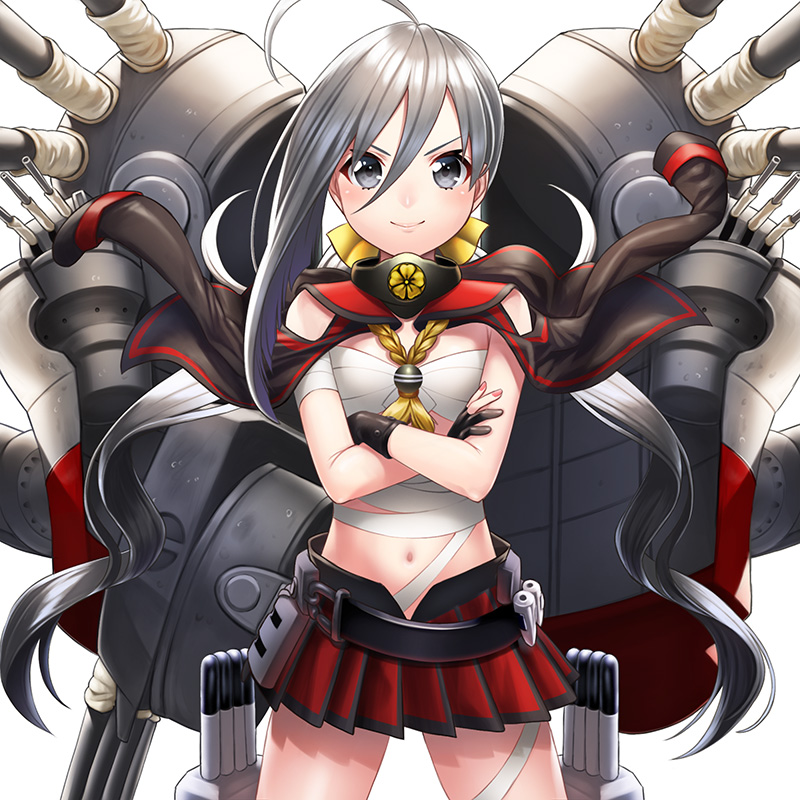 1girl ahoge bare_shoulders blush breasts budget_sarashi cosplay female_focus gloves grey_eyes grey_hair gunbuster_pose hair_between_eyes hair_ribbon kantai_collection kiyoshimo_(kancolle) long_hair looking_at_viewer low_twintails machinery miniskirt musashi_(kancolle) musashi_(kancolle)_(cosplay) navel ribbon rigging sarashi skirt smile solo twintails unowen very_long_hair white_background