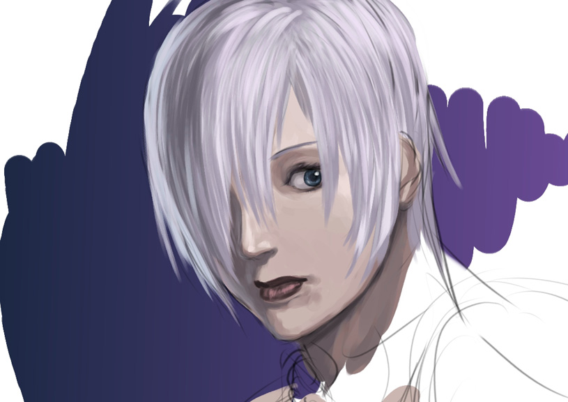 1girl blue_eyes female_focus hair_over_one_eye isabella_valentine ryu_(gaquarium) short_hair silver_hair sketch solo soul_calibur unfinished