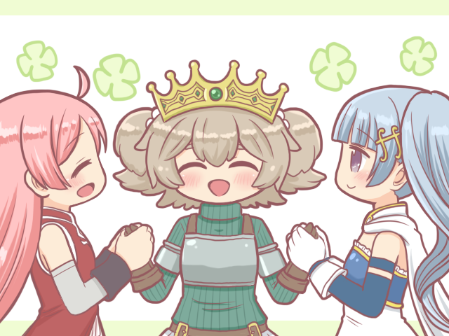 3girls ^_^ ahoge aino_mito armor bad_id bad_twitter_id blue_hair blunt_bangs breastplate brown_gloves brown_hair cape closed_eyes cosplay crown detached_sleeves dress fortissimo futaba_sana futaba_sana_(cosplay) gloves green_sweater hair_between_eyes hair_ornament holding_hands ibuki_leila kumi_seika long_hair long_sleeves magia_record:_mahou_shoujo_madoka_magica_gaiden magical_girl mahou_shoujo_madoka_magica miki_sayaka miki_sayaka_(cosplay) miki_sayaka_(magical_girl) multiple_girls musical_note musical_note_hair_ornament open_mouth pink_hair ponytail red_dress reverse_(bluefencer) sakura_kyoko sakura_kyoko_(cosplay) sakura_kyoko_(magical_girl) short_hair sidelocks smile sweater two_side_up white_cape white_gloves