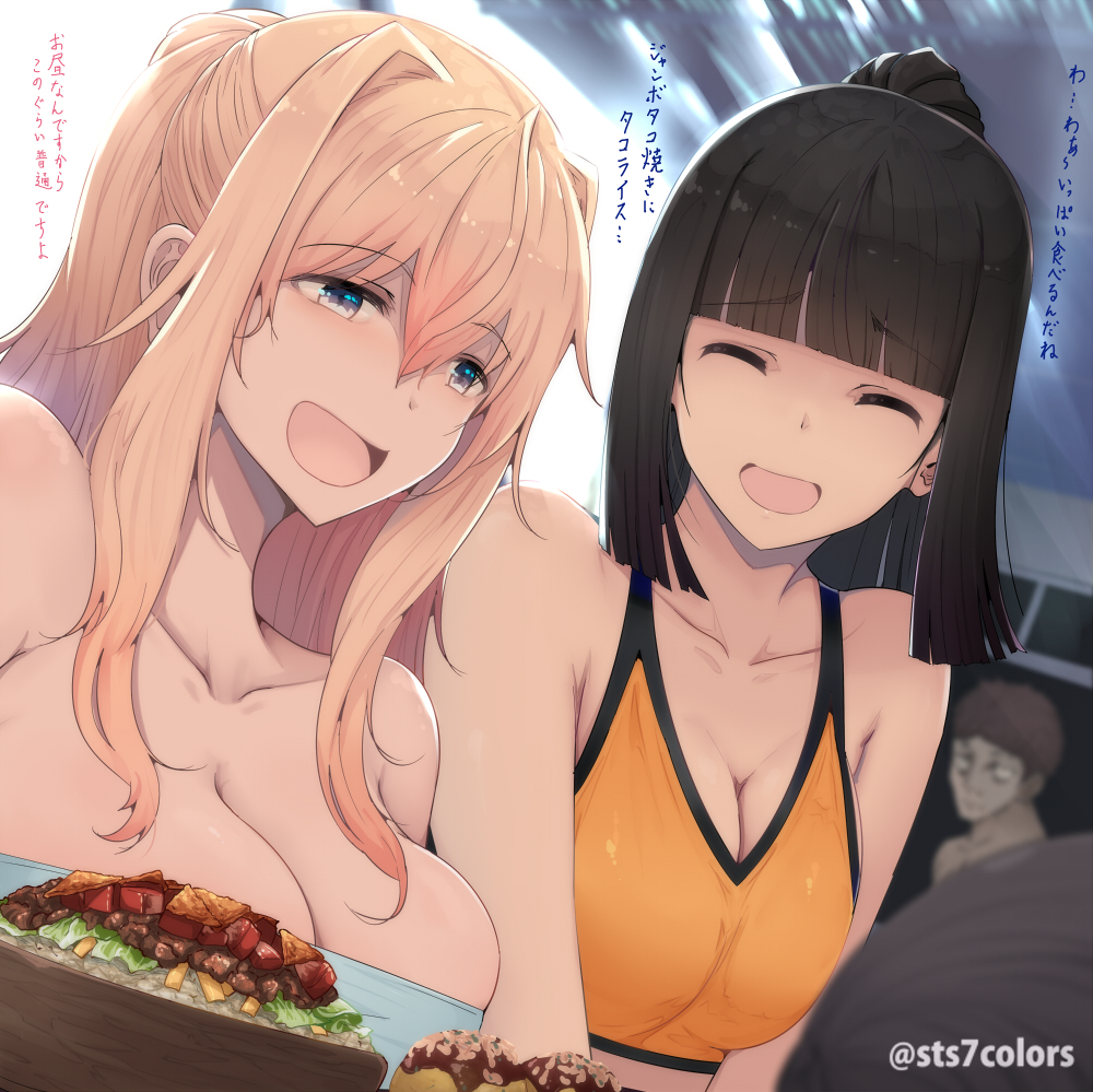 2girls :d ^_^ bare_shoulders black_hair blonde_hair blue_eyes blunt_bangs bowl breasts cleavage closed_eyes collarbone food hair_between_eyes half_updo indoors large_breasts long_hair medium_hair midriff multiple_girls open_mouth original sidelocks smile sports_bra strapless sts tube_top