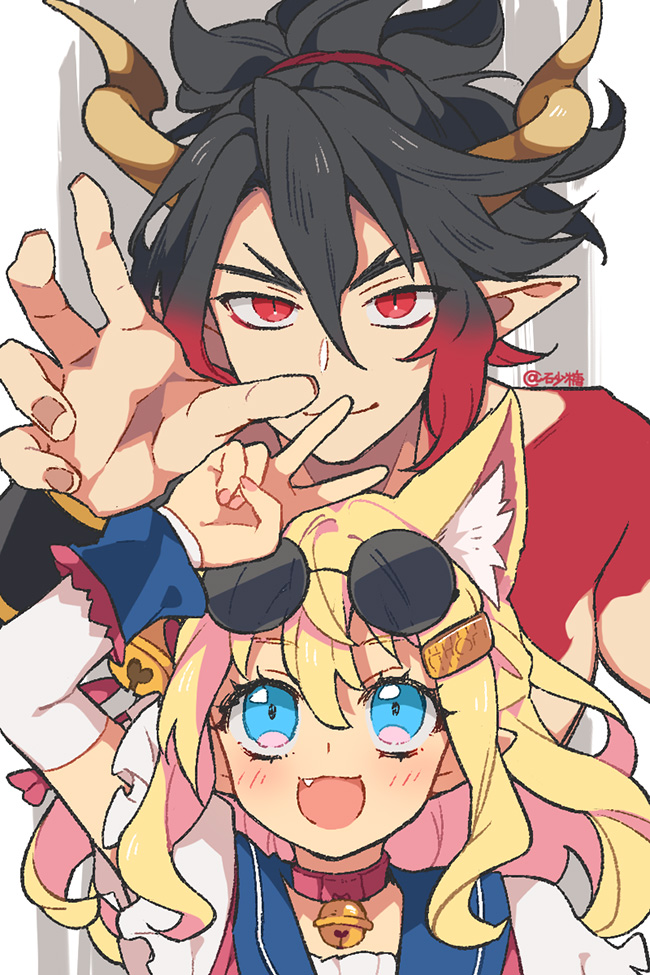 1boy 1girl animal_ear_fluff animal_ears bell black_hair blonde_hair blue_eyes demon_boy demon_girl disgaea dog_ears dog_girl eyewear_on_head fang fingernails fox_girl fuji_(disgaea) horns long_hair makai_senki_disgaea_7 multicolored_hair nail_polish neckerchief open_mouth pink_hair pink_nails pirilika_(disgaea) pointy_ears ponytail red_eyes red_hair sat0_u0 smile sunglasses v