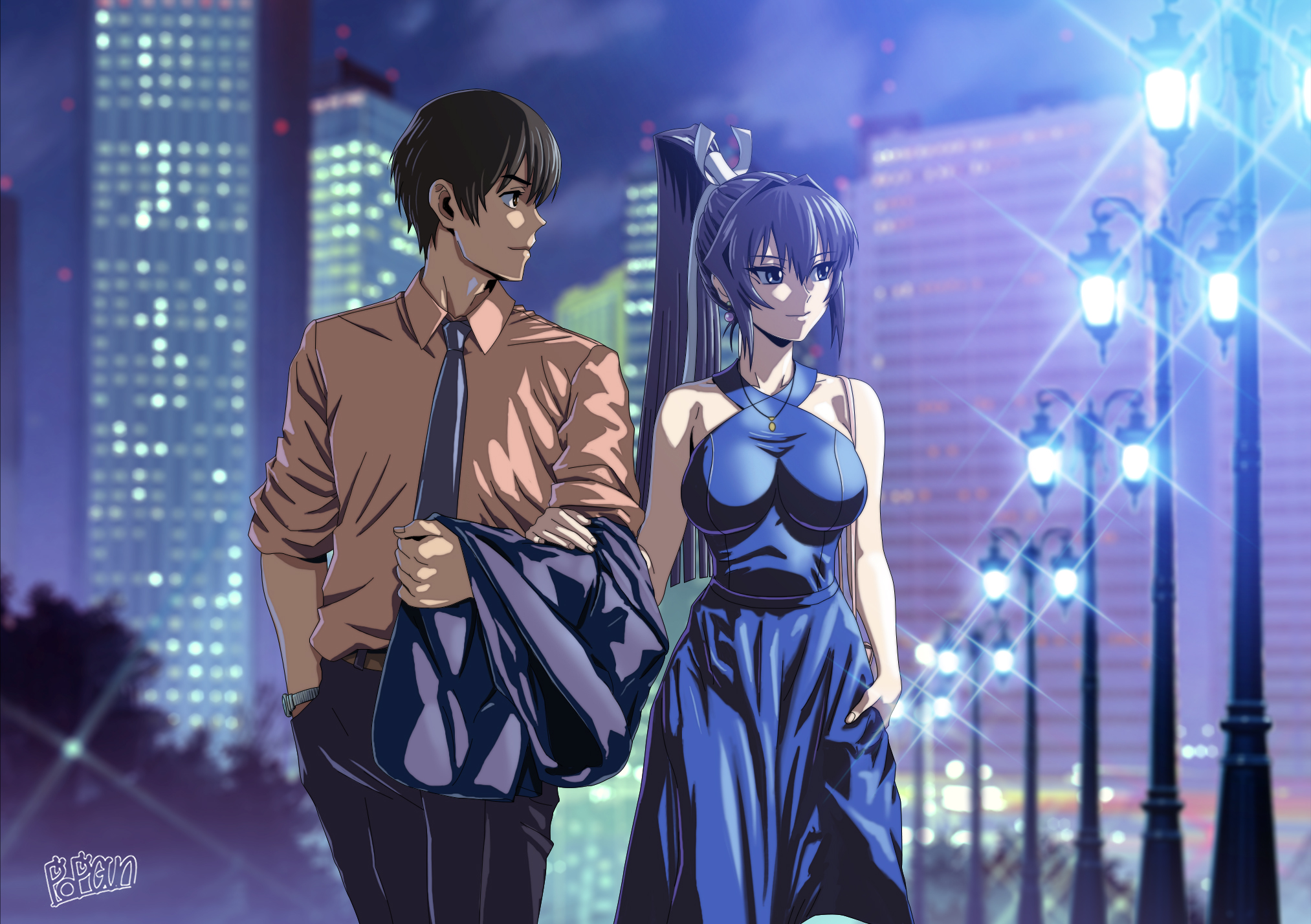 1boy 1girl blue_dress blue_eyes blue_hair blue_necktie breasts brown_hair brown_shirt collared_shirt dress hair_behind_ear halter_dress halterneck hand_on_own_hip highres holding_another's_arm jewelry lamppost long_hair looking_to_the_side medium_breasts mitsurugi_meiya muv-luv necklace necktie ponytail popgun_(22882502) shirogane_takeru shirt smile very_long_hair