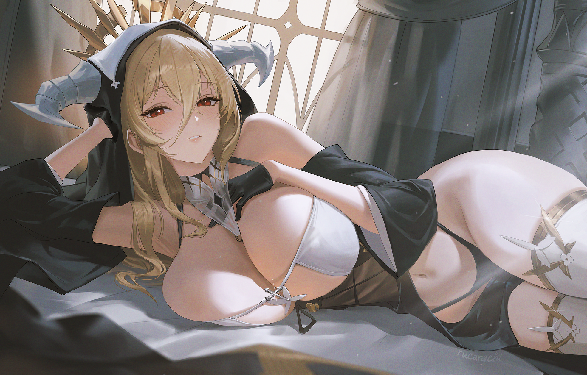 1girl azur_lane bare_shoulders black_gloves black_panties black_sleeves black_veil blonde_hair blush breasts cleavage curtains detached_sleeves forward_facing_horns gloves gold_trim grey_horns hair_between_eyes half_gloves head_rest highres horns huge_breasts implacable_(azur_lane) indoors light_rays long_hair long_hair_between_eyes looking_at_viewer lying navel on_side panties pelvic_curtain red_eyes rucarachi solo thighhighs thighs underwear veil white_thighhighs