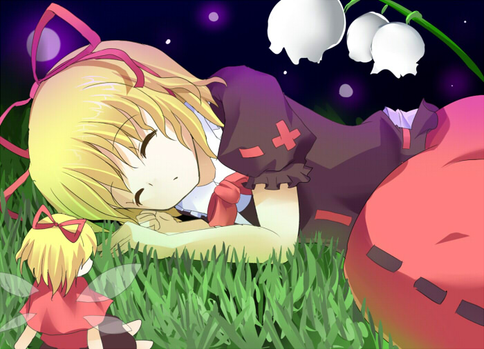 2girls bad_id bad_pixiv_id blonde_hair female_focus flower hair_ribbon lily_of_the_valley lying mai_yukari medicine_melancholy multiple_girls plant ribbon short_hair sitting sleeping su-san touhou
