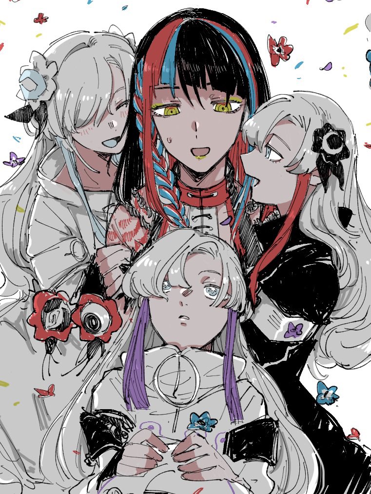 4girls bad_id bad_twitter_id black_coat black_flower black_hair blue_flower blue_hair blue_tongue blush braid cevio coat colored_tongue commentary diagonal_bangs eyeshadow falling_flower fingerless_gloves flower girl_sandwich gloves grey_eyes grey_hair hair_flower hair_ornament hair_over_one_eye harusaruhi high_collar inactive_account isekaijoucho isozaki_(iso_zaki54) kamitsubaki_studio long_hair long_sleeves looking_at_another looking_up makeup multicolored_hair multiple_girls multiple_persona o-ring one_eye_covered open_mouth parted_lips purple_hair red_flower red_hair sandwiched sekai_(cevio) side_braid simple_background single_fingerless_glove small_sweatdrop smile star-shaped_pupils star_(symbol) streaked_hair surrounded symbol-shaped_pupils upper_body virtual_youtuber white_coat white_flower yellow_eyes yellow_eyeshadow yellow_lips zipper_pull_tab