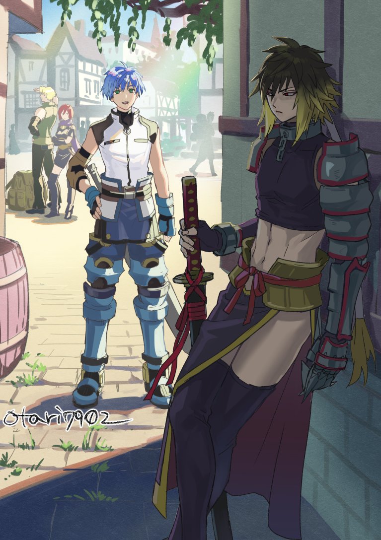 1girl 3boys albel_nox armor armored_gloves artist_name barrel black_gloves blonde_hair blue_hair breasts broken broken_chain brown_hair chain cliff_fittir crop_top crossed_arms fayt_leingod feet_out_of_frame fingerless_gloves frown gloves green_eyes green_shirt hand_on_own_hip holding holding_sword holding_weapon indesign male_focus medium_breasts medium_hair midriff multicolored_hair multiple_boys navel nel_zelpher open_mouth purple_shirt purple_thighhighs red_eyes shirt short_hair shoulder_armor side_slit sleeveless sleeveless_turtleneck smile star_ocean star_ocean_till_the_end_of_time sword thighhighs town turtleneck two-tone_hair weapon