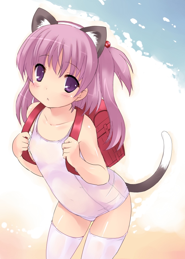 00s 1girl animal_ears cat_ears cat_tail female_focus fhara nanako nanako_(to_heart_2) one-piece_swimsuit pink_hair purple_hair school_swimsuit solo swimsuit tail thighhighs to_heart_(series) to_heart_2 to_heart_2_ad two_side_up white_one-piece_swimsuit white_school_swimsuit