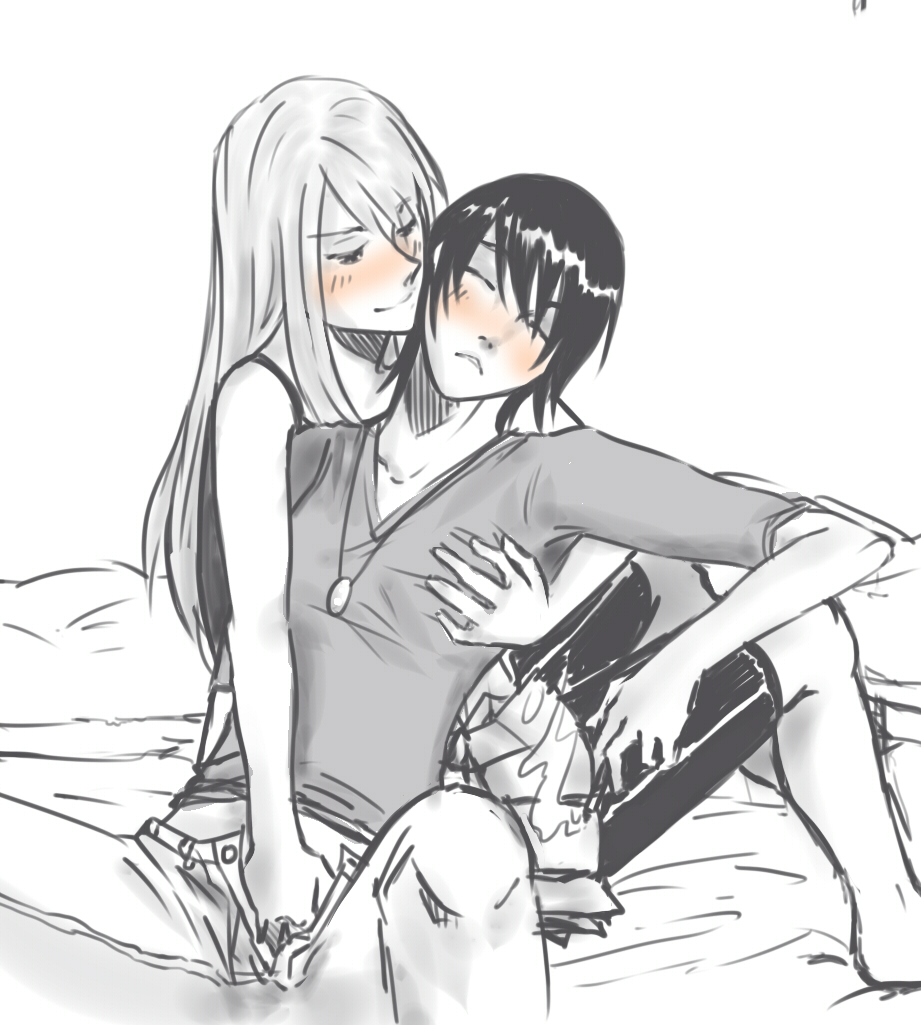 2girls androgynous aoi-tama ayase_asagi blush breasts cigarette drawfag fingering grabbing_another&#039;s_breast groping long_hair monochrome multiple_girls non-web_source reverse_trap simple_background sketch small_breasts torako_(yotsubato!) white_background yotsubato! yuri