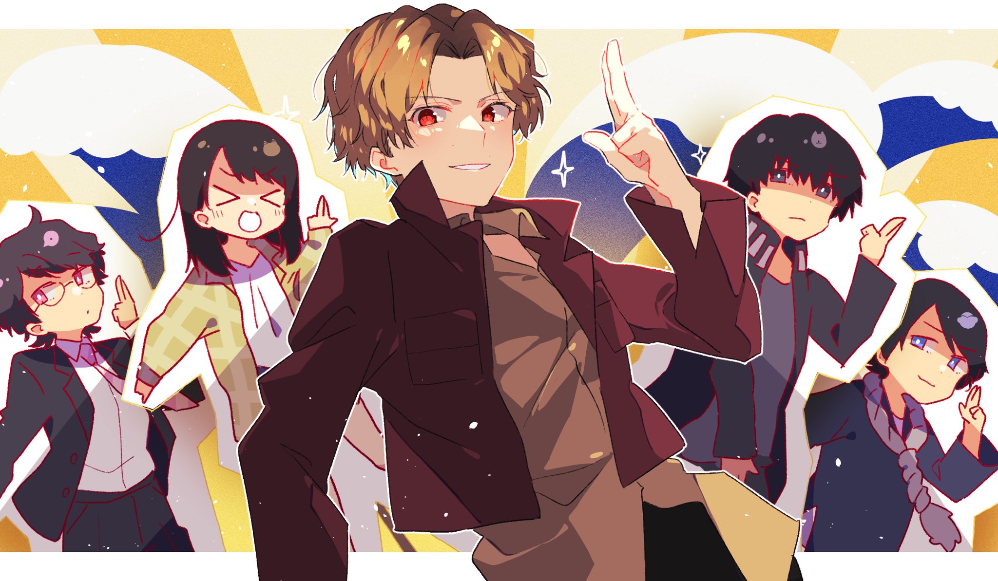 >_< 1girl 4boys :o animal_ears animification avataro_sentai_donbrothers bear_ears black_eyes black_hair blue_eyes blue_jacket brown_hair commentary ebony_nightmare english_commentary formal_clothes hand_gesture highres inuzuka_tsubasa jacket kijino_tsuyoshi kito_haruka momoi_taro multiple_boys necktie ocean one_eye_closed pink_necktie salaryman saruhara_shinichi shirt smile suit super_sentai wings yellow_jacket yellow_shirt