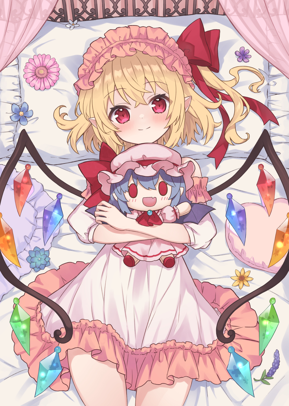 1girl ahase_hino alternate_costume blonde_hair blush character_doll commentary cowboy_shot crystal_wings doll dress flandre_scarlet flower heart highres holding holding_stuffed_toy lying medium_hair on_back on_bed pillow pink_dress pointy_ears red_eyes remilia_scarlet side_ponytail sleepwear stuffed_toy touhou