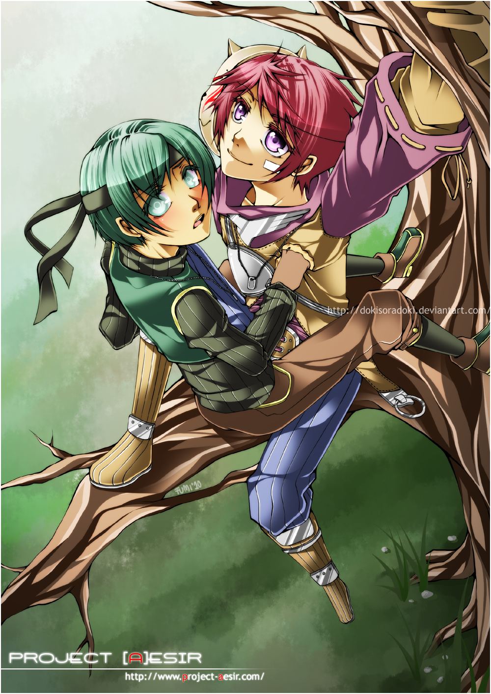 2boys archer_(ragnarok_online) bandaid bandaid_on_cheek bandaid_on_face black_headband blue_shorts brown_gloves brown_vest closed_mouth commentary english_commentary fox_mask full_body fumiddition gloves grass green_eyes green_hair green_vest grey_shirt headband highres long_sleeves looking_at_viewer mask mask_on_head merchant_(ragnarok_online) multiple_boys muneate open_mouth purple_eyes purple_shirt ragnarok_online red_hair shirt short_hair shorts sitting sitting_on_branch smile vest watermark web_address