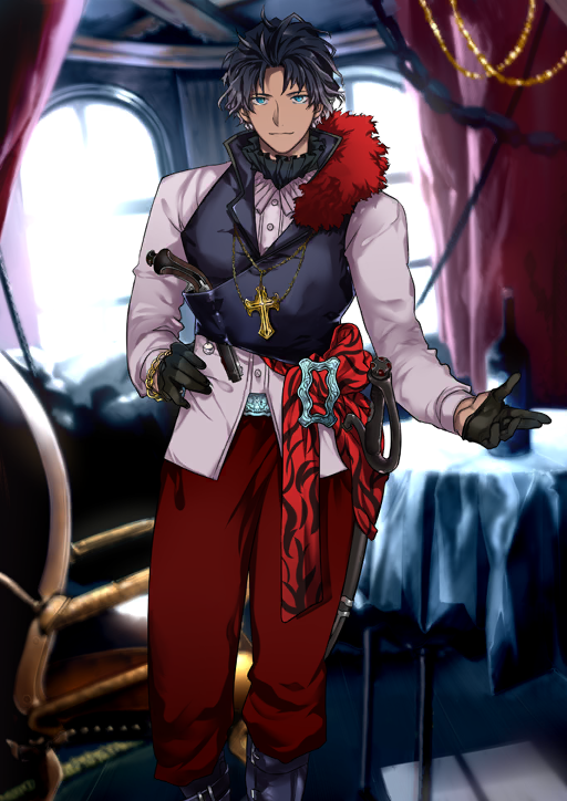 1boy antique_firearm azuazuazu19 bartholomew_roberts_(fate) black_boots black_gloves black_hair black_vest blue_eyes boots buttons chain chain_bracelet cross cross_necklace dark-skinned_male dark_skin fate/grand_order fate_(series) feet_out_of_frame firearm game_cg gloves gun half_gloves hand_on_own_hip hand_up jewelry lapels latin_cross long_sleeves looking_at_viewer male_focus necklace notched_lapels official_art pants pink_shirt red_pants red_sash sash sheath sheathed shirt short_hair silver_belt smile solo standing sword third-party_source variant_set vest weapon