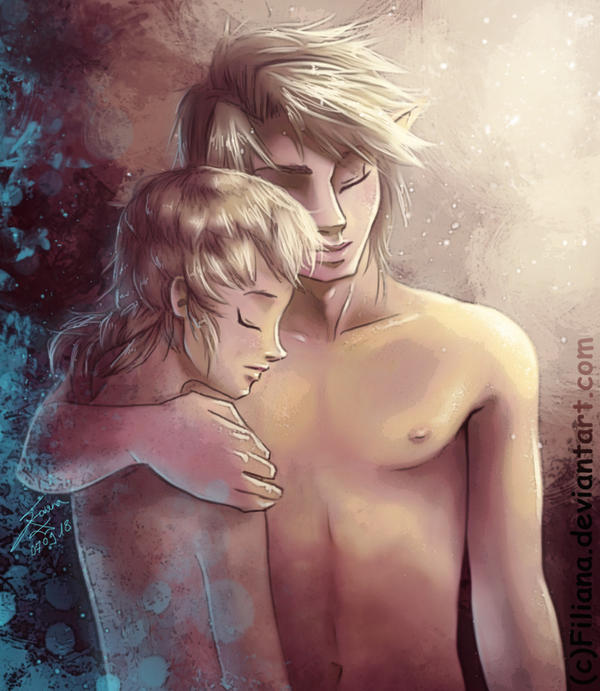 1boy 1girl abstract_background arm_around_shoulder arm_around_waist arm_at_side armpits artist_name artistic_nudity back barefoot blonde_hair breasts closed_eyes closed_mouth collarbone completely_nude couple expressionless eyelashes facing_to_the_side facing_viewer fingernails from_side gradient_background height_difference hetero hug ilia legs link nipples medium_hair navel neck nintendo nipples no_bra nude parted_bangs parted_lips pointy_ears profile side_bangs sideboob sidelocks standing the_legend_of_zelda the_legend_of_zelda:_twilight_princess thighs toenails toes topless_frame unworn_clothes unworn_headwear upper_body