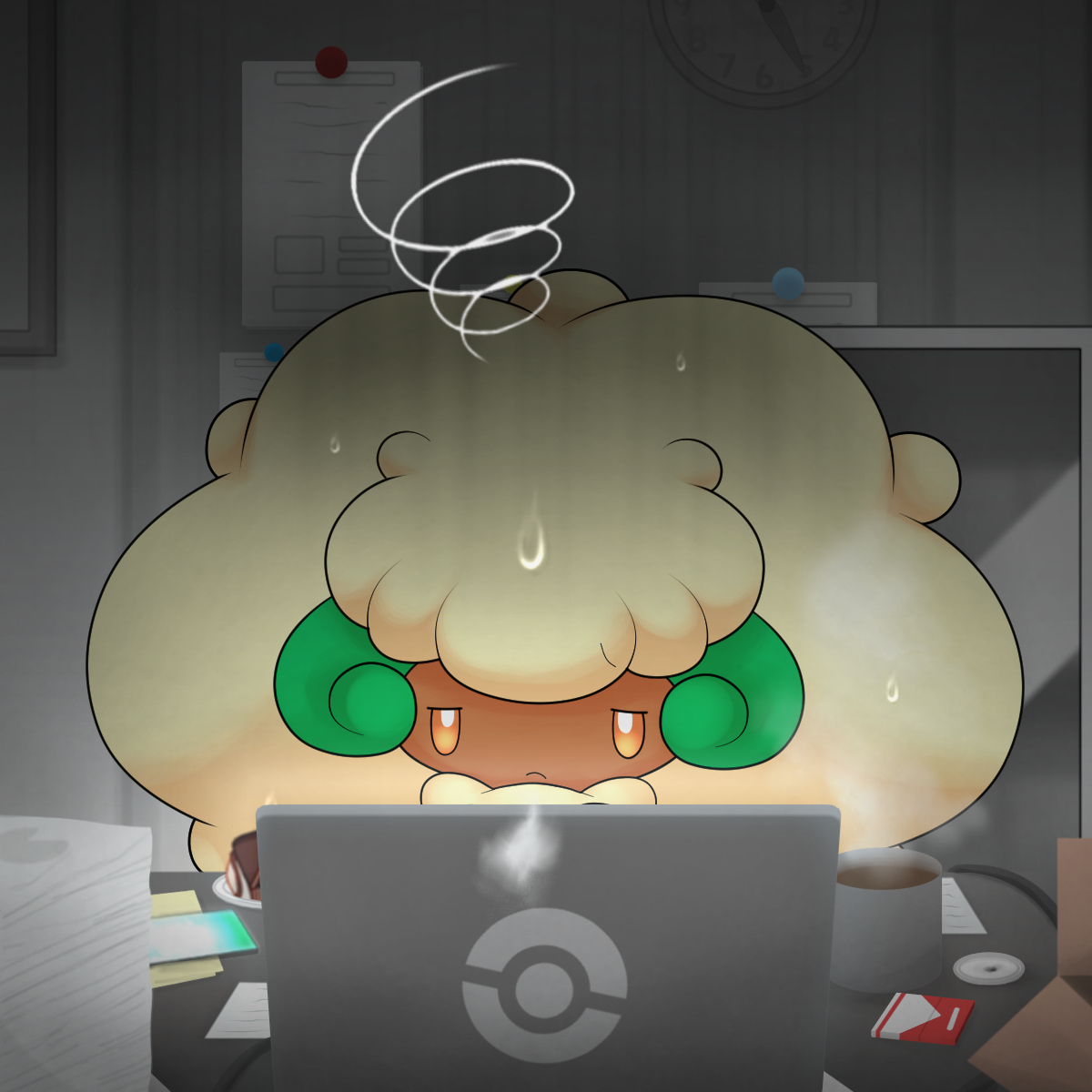 annoyed cigarette_pack clock coffee coffee_mug computer cup eru1312 frown game_freak gen_5_pokemon highres horns indoors laptop long_hair mug nintendo no_humans office orange_eyes pokemon pokemon_(creature) pokemon_focus solo sweat very_long_hair whimsicott white_hair working