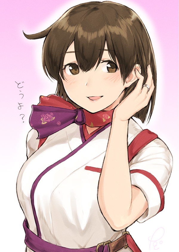 10s 1girl :d alternate_costume breasts brown_eyes brown_hair female_focus hair_between_eyes hiryuu_(kancolle) hiryuu_(peach)_(kancolle) japanese_clothes jewelry kantai_collection large_breasts open_mouth peach_(airline) poco_(backboa) ring short_hair short_sleeves signature smile solo wedding_band