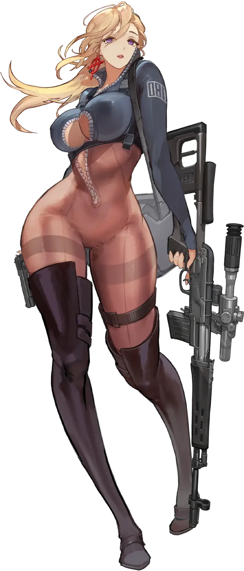 1girl amy_razor blonde_hair bodysuit boots breasts catsuit center_opening cleavage curvy dual_wielding earrings full_body game_cg gun hair_between_eyes handgun highres holding jewelry large_breasts last_origin looking_at_viewer official_art purple_eyes rifle rorobomb skin_tight sniper_rifle solo tachi-e thigh_boots thighhighs transparent_background weapon wide_hips zipper