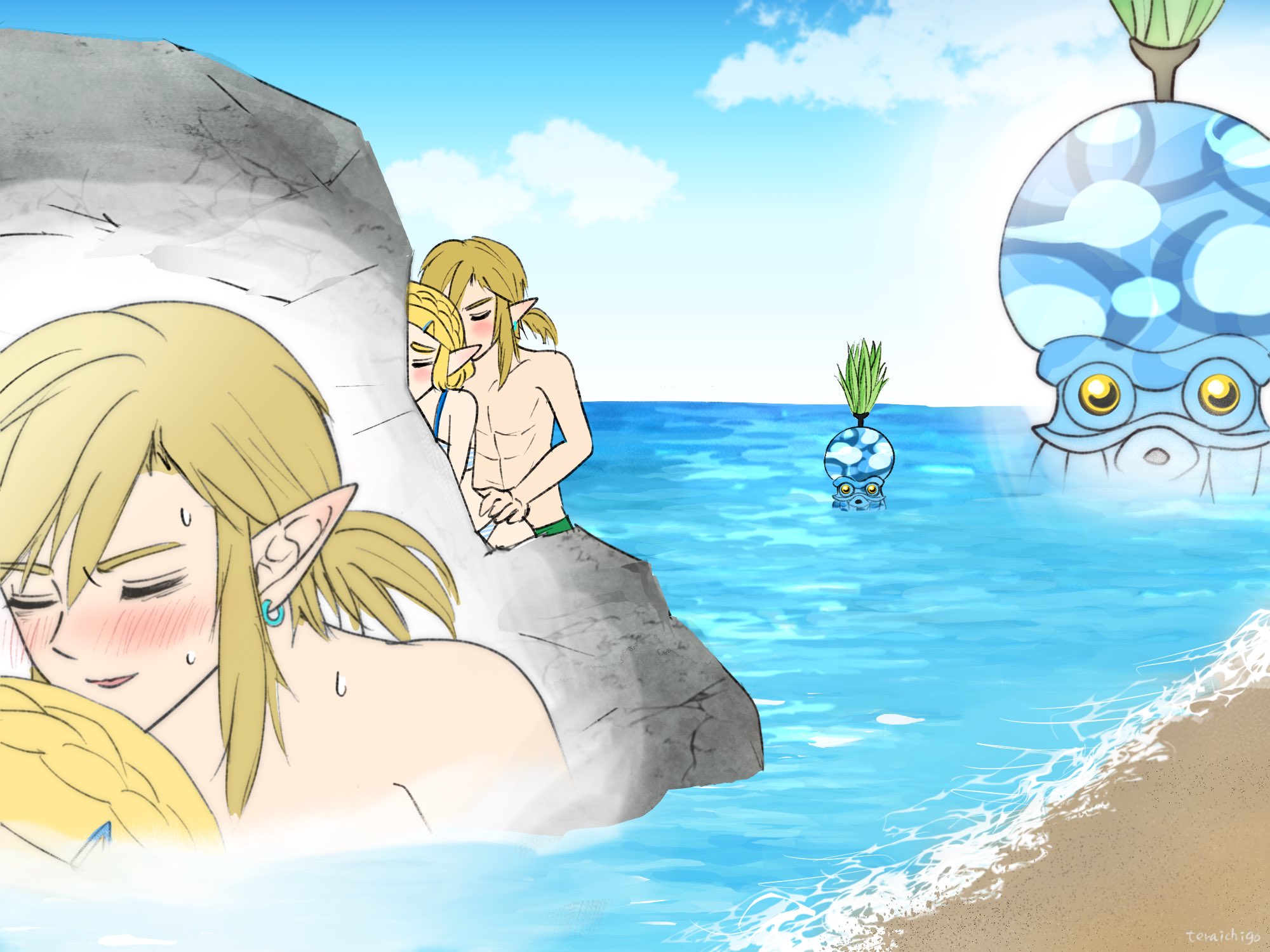 1boy 1girl 1other against_rock beach bikini blush braid crown_braid earrings highres implied_sex jewelry link nintendo ocean octorok partially_submerged pointy_ears ponytail princess_zelda short_hair sweat swimsuit teraichigo the_legend_of_zelda the_legend_of_zelda:_tears_of_the_kingdom water