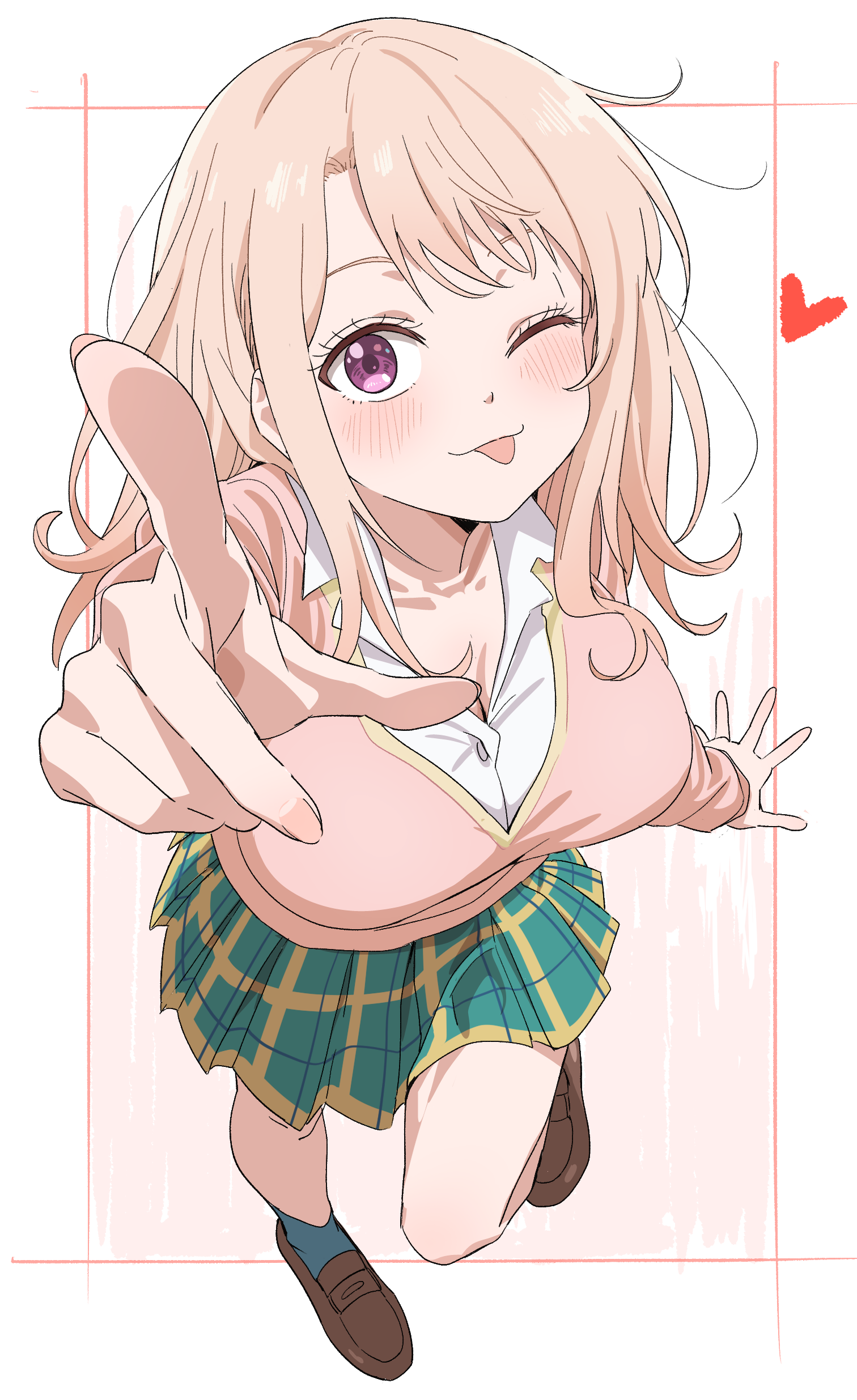 1girl absurdres arm_up blonde_hair blush cardigan commentary_request from_above green_skirt heart highres index_finger_raised kawai_mona kuroiwa_medaka_ni_watashi_no_kawaii_ga_tsuujinai loafers long_hair long_sleeves looking_at_viewer miniskirt one_eye_closed pink_cardigan plaid_clothes plaid_skirt pointing pointing_at_viewer purple_eyes school_uniform shirt shoes sincos skirt smile solo standing standing_on_one_leg tongue tongue_out white_shirt