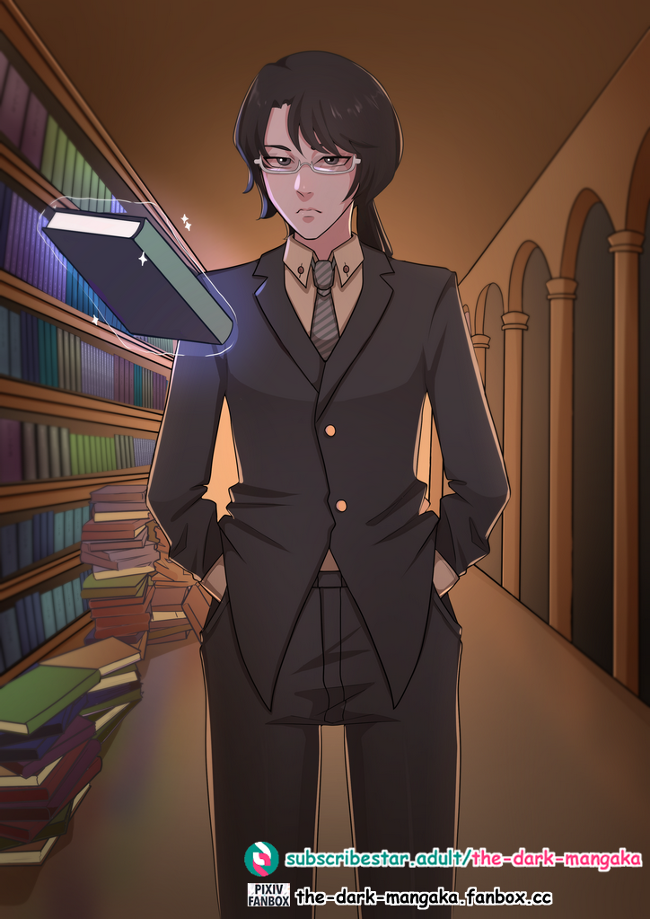 1boy black_hair black_jacket black_pants book character_request fanbox formal_clothes frown glasses hands_in_pockets indoors jacket library looking_at_viewer male_focus necktie pants solo suit the_dark_mangaka
