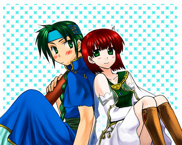 1boy 1girl blush bo_(774berry) bob_cut boots braid couple dress elbow_gloves feathers fire_emblem fire_emblem:_the_blazing_blade gloves green_eyes green_hair guy_(fire_emblem) hetero jewelry nintendo priscilla_(fire_emblem) red_hair sheath sheathed short_hair smile sword weapon