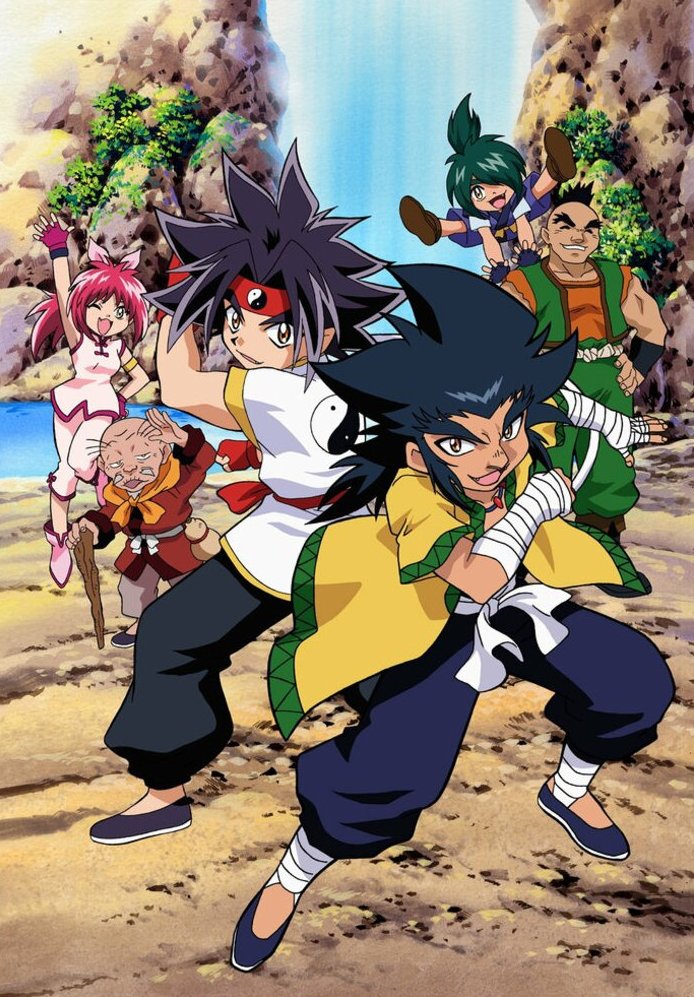 1girl 5boys bakuten_shoot_beyblade beyblade black_hair chen_mao chen_rai gao_(beyblade) green_hair kiki_(beyblade) kon_rei multiple_boys official_art old old_man open_mouth pink_hair ponytail smile tao_(beyblade) yellow_eyes