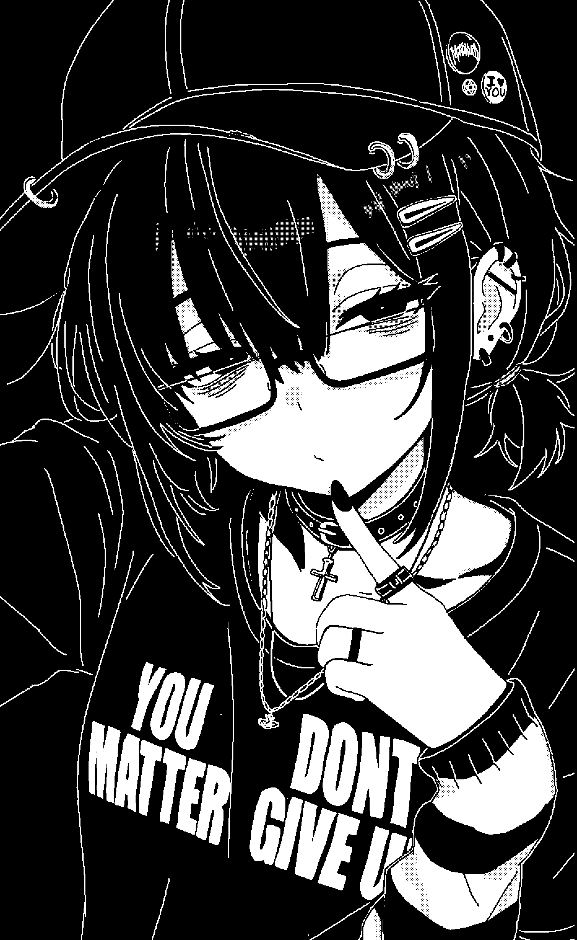 1girl absurdres black_background choker clothes_writing cross cross_necklace don&#039;t_dead_open_inside ear_piercing earrings english_text glasses greyscale hair_ornament hairclip hat highres jewelry long_sleeves looking_at_viewer monochrome necklace original piercing puriririririri ring solo upper_body