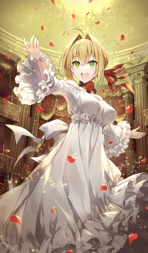 1girl ahoge blonde_hair braid breasts bun_with_braided_base dress fate/grand_order fate_(series) flower frilled_sleeves frills gabiran green_eyes hair_bun hair_intakes large_breasts long_sleeves neck_flower nero_claudius_(fate) official_alternate_costume official_art open_mouth outstretched_arm red_flower red_rose rose single_hair_bun solo teeth textless_version upper_teeth_only white_dress