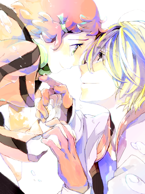 10s 1boy 1girl aquarion_(series) aquarion_evol blonde_hair couple dorayan dress eye_contact face-to-face gloves gradient_hair green_eyes hair_ornament holding_hands hetero jin_musou looking_at_another multicolored_hair orange_hair purple_hair short_hair smile yunoha_thrul