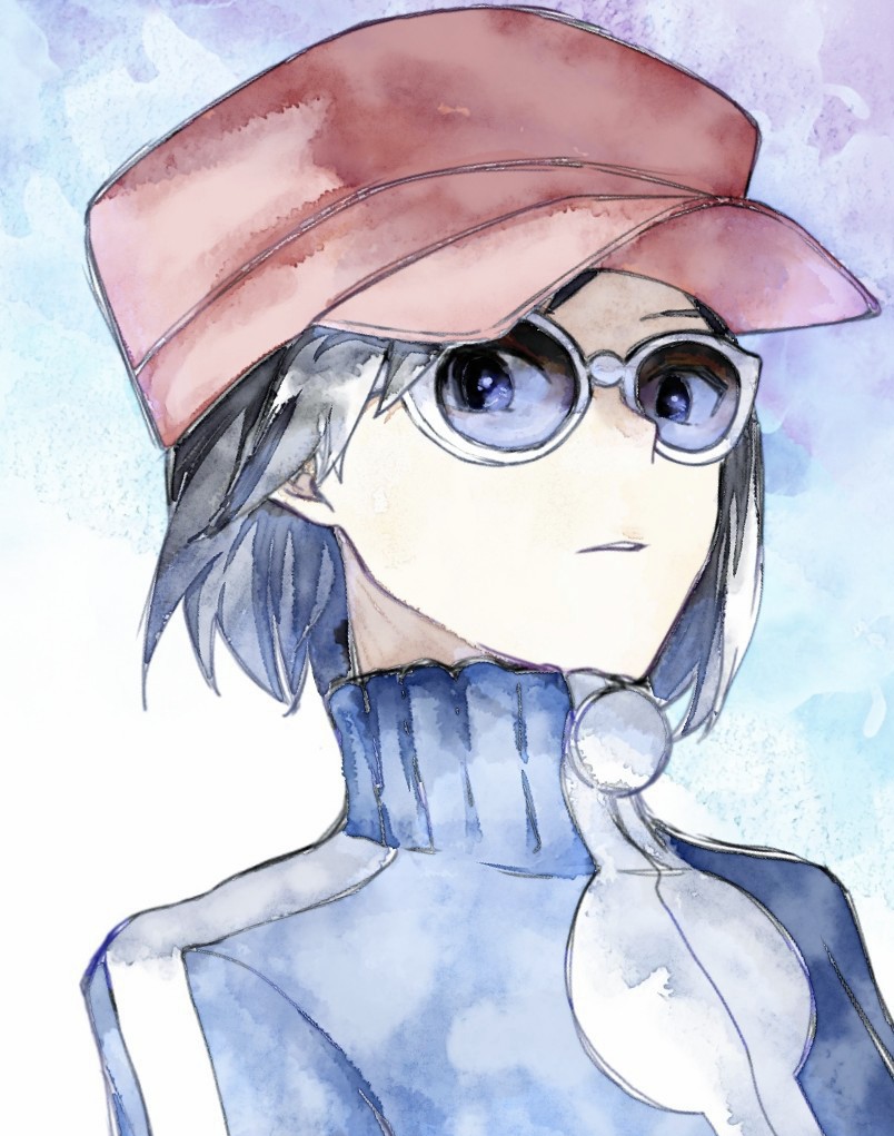 1boy asuka_rkgk black_hair calem_(pokemon) grey_eyes hat jacket nintendo painting_(medium) pokemon pokemon_xy red_hat sunglasses traditional_media watercolor_(medium) white_background