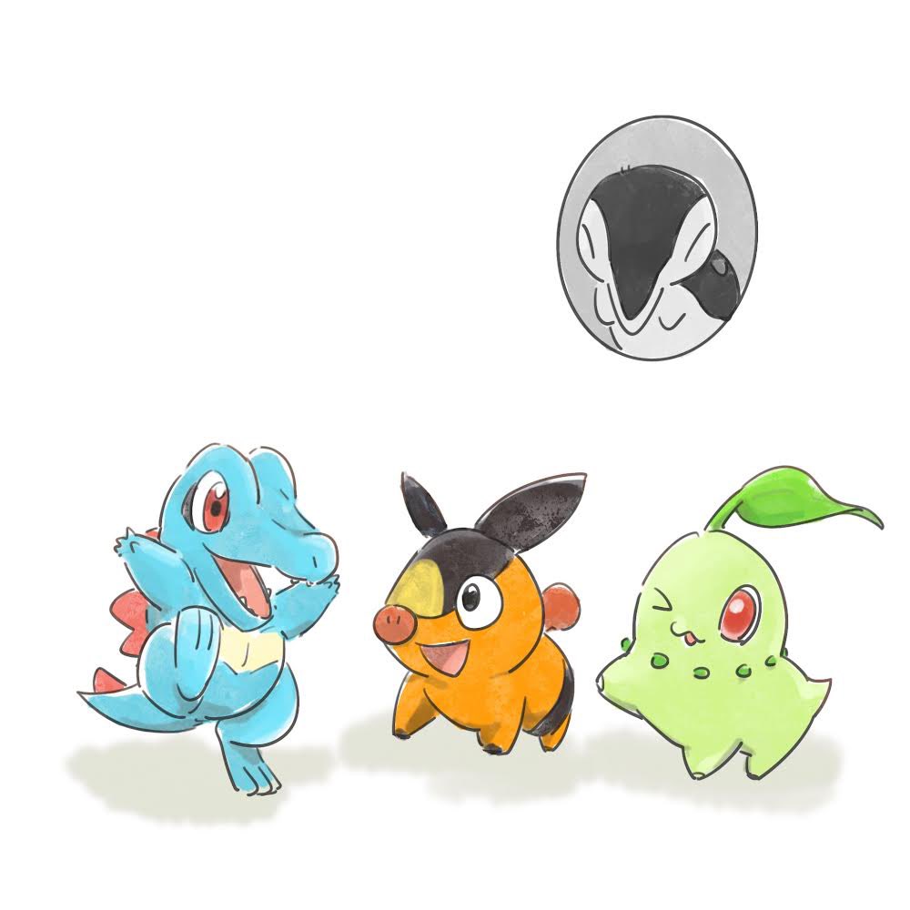 chikorita crocodilian cyndaquil full_body gen_2_pokemon gen_5_pokemon group_picture macco0928 nintendo no_humans one_eye_closed pig pokemon pokemon_legends:_z-a red_eyes simple_background tepig totodile white_background
