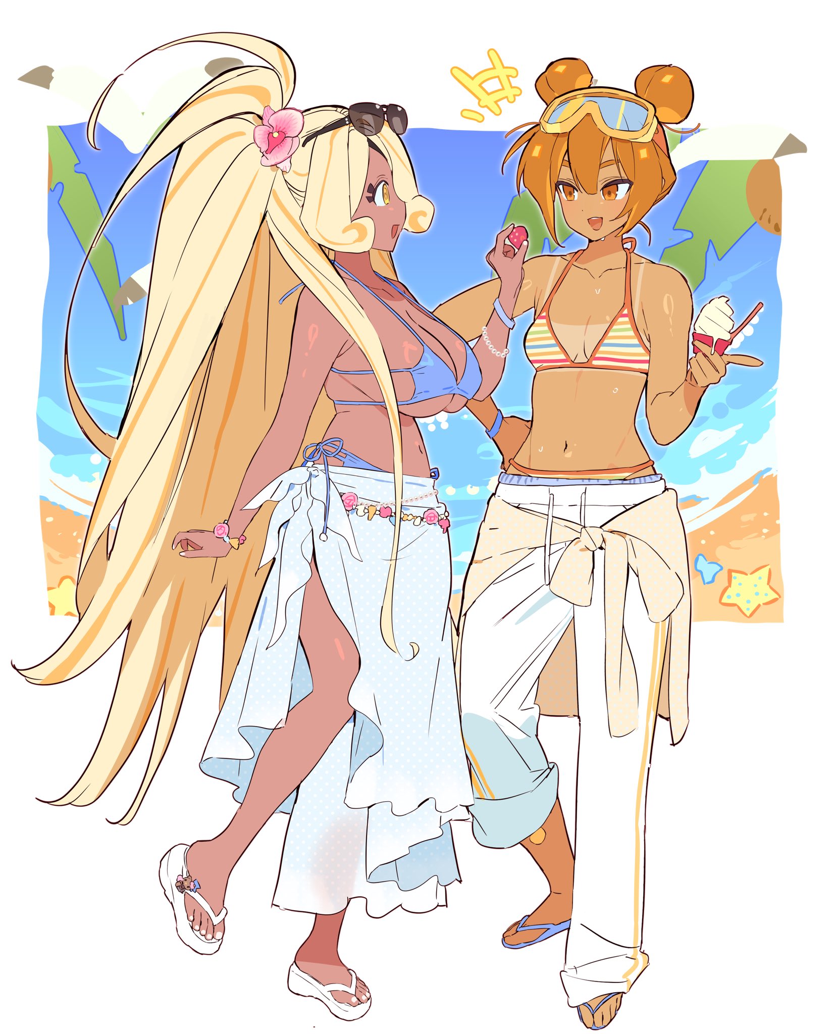 +++ 2girls :d @_@ absurdly_long_hair arm_at_side bare_arms bare_shoulders beach bikini blonde_hair blue-tinted_eyewear blue_bikini blue_sandals border bracelet breasts brown_eyes brown_hair cleavage clothes_around_waist coconut collarbone cookie_run cookie_run:_ovenbreak croissant_cookie cup dark-skinned_female dark_skin double-parted_bangs double_bun double_vertical_stripe dual_persona eye_contact eyebrows_hidden_by_hair eyewear_on_head face-to-face flower food fruit full_body goggles goggles_on_head hair_between_eyes hair_bun hair_flower hair_ornament hand_on_own_hip hand_up high_ponytail highres holding holding_cup holding_food holding_fruit humanization ice_cream jacket jacket_around_waist jewelry knees_apart_feet_together knees_together_feet_apart large_breasts long_hair looking_at_another micro_bikini multicolored_hair multiple_girls nail_polish ohta_guk_hip open_mouth orange_bikini outside_border palm_tree pants pearl_bracelet pink_flower platform_sandals polka_dot polka_dot_jacket polka_dot_sarong ponytail profile sandals sarong short_hair side-tie_bikini_bottom skindentation small_breasts smile standing standing_on_one_leg starfish stomach strawberry streaked_hair striped_bikini striped_clothes sunglasses sweat swimsuit tan tanline timekeeper_cookie tinted_eyewear toenail_polish toenails toes tongue tree two-tone_hair very_long_hair white_border white_nails white_pants white_sandals white_sarong yellow_eyes yellow_jacket