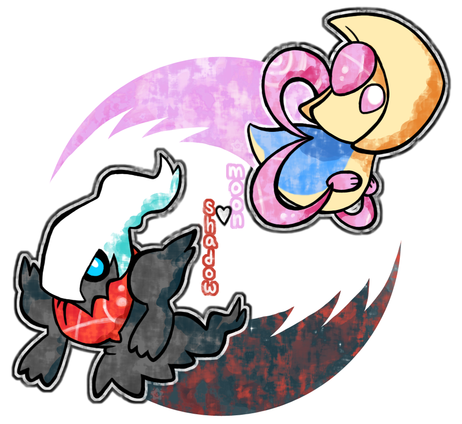 blue_eyes bright_pupils chibi crayonchewer cresselia darkrai full_body gen_4_pokemon heart legendary_pokemon looking_at_viewer mythical_pokemon nintendo no_humans pink_eyes pokemon pokemon_(creature) simple_background transparent_background white_pupils