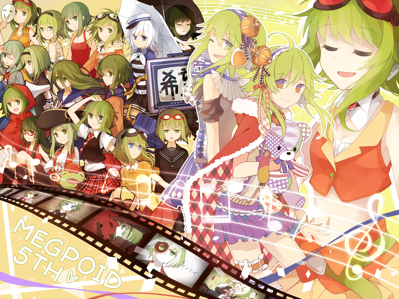 1girl 6+girls aitai_(vocaloid) alternate_eye_color alternate_hair_color alternate_hair_length alternate_hairstyle ama_no_jaku_(vocaloid) anniversary bag black_hat black_pantyhose black_serafuku blouse blue_eyes cable collared_shirt donut_hole_(vocaloid) frilled_thigh_strap frog frown goggles goggles_on_head graduation green_eyes green_hair gumi hair_between_eyes hat hiragi_rin holding holding_stuffed_toy holding_umbrella juu_mensou_(vocaloid) multiple_girls necktie pantyhose plaid_clothes plaid_skirt red_necktie school_uniform serafuku shirt short_hair shoulder_bag sitting skirt smile song_name songover stuffed_toy thigh_strap umbrella vocaloid white_hat white_shirt yowamushi_mont-blanc_(vocaloid)