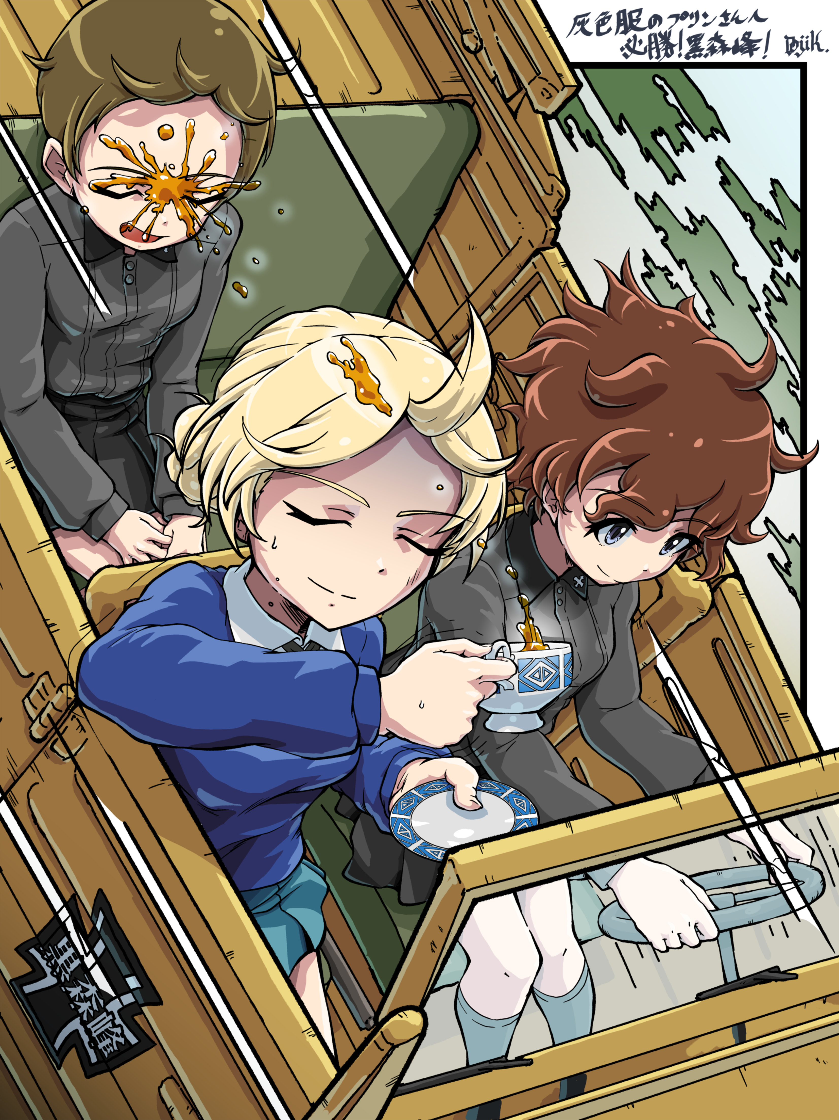 3girls absurdres akaboshi_koume black_collar black_necktie black_skirt blue_skirt blue_sweater braid brown_hair car car_interior car_seat collar collared_jacket convertible cup darjeeling_(girls_und_panzer) dress_shirt driving emblem floating_hair girls_und_panzer grey_eyes grey_jacket grey_socks highres holding holding_cup holding_saucer insignia jacket kojima_emi kubelwagen kuromorimine_(emblem) kuromorimine_school_uniform kuroneko_douji left-hand_drive light_brown_hair military military_vehicle motion_blur motion_lines motor_vehicle multiple_girls necktie no_legwear saucer school_uniform shirt skirt socks spill spilling splashing st._gloriana's_school_uniform steering_wheel sweatdrop sweater tea teacup v-neck wavy_hair white_shirt wind wing_collar